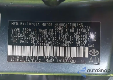 2014 Toyota Corolla Le Eco Plus z USA, uszkodzony, nr VIN 2T1BPRHEXEC109863